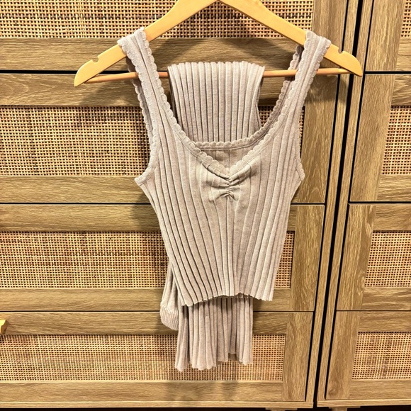 Pink Rose Pants - Pink Rose Ribbed Knit Tank Top and Matching Pants - Beige